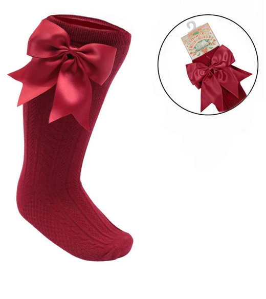 Burgundy Infants Knee Length Socks - Large Bow